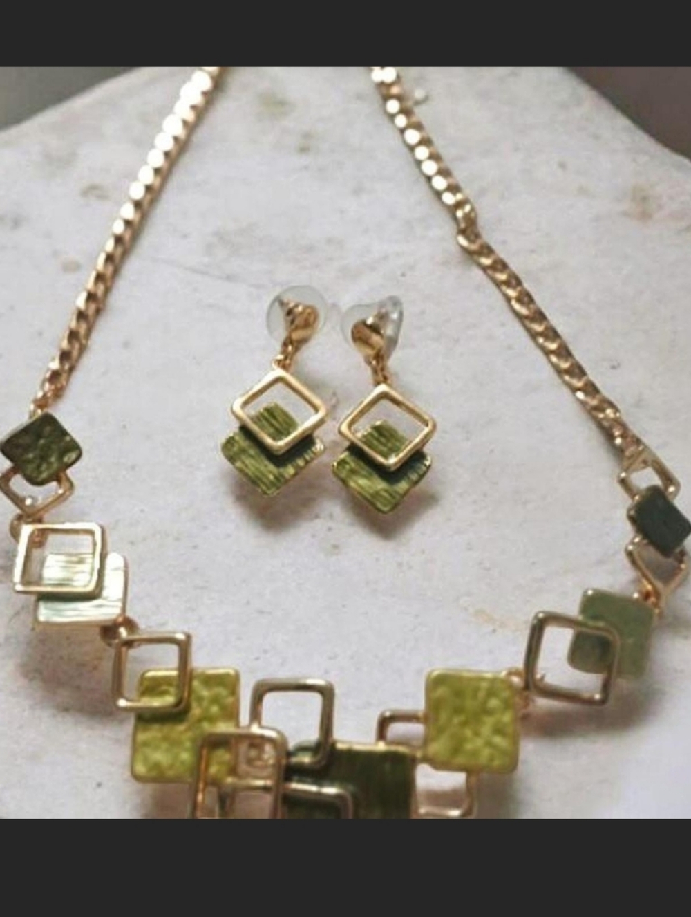 Gold-Tone Necklace and Earrings Set with Olive Green Square Accents